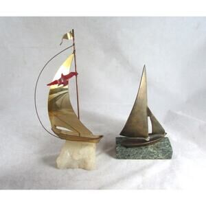 YOSI Metal Sailboat Sculptures 2 Agate Bases Brutalist Art Mid Century 1970s